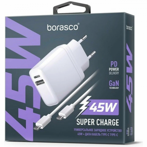 СЗУ BoraSCO USB-A+Type C PD+QC 45W + Дата кабель Type-C - Type-C 3A белое (52389) - интернет-магазин Сотомикс в Череповце